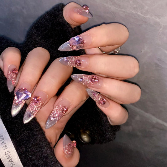 WOMHOPE Press on Nails Handmade Full Cover False Nails with Rhinestone Vintage Flower Aurora Acrylic Nails for Women and Girls 10pcs/Box Long Almond,Coffin (Pink cat's eye, Medium)