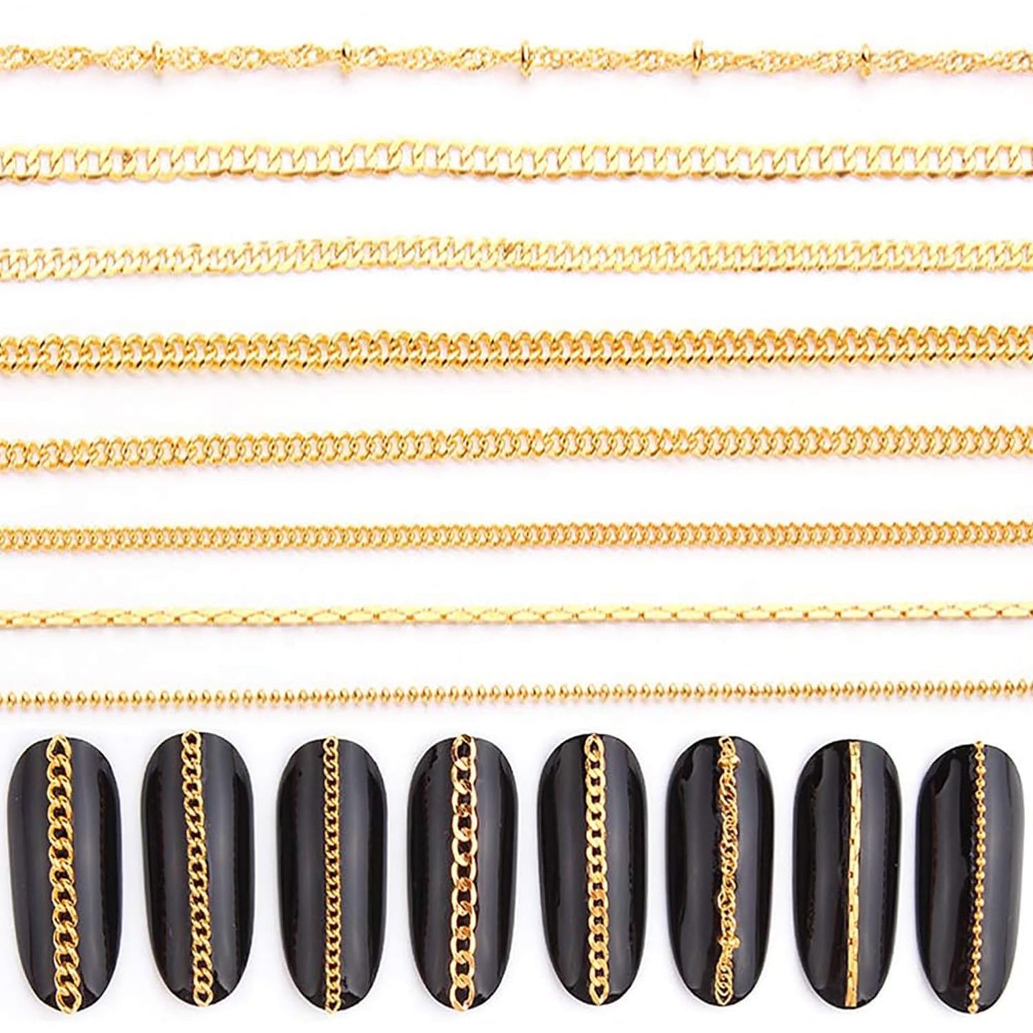 JERCLITY 8 Strips 19.7in Gold Nail Chains for Nail Art 3D Gold Nail Charms Metal Nail Art Chains Punk Nail Studs Jewelry Accessories for Women