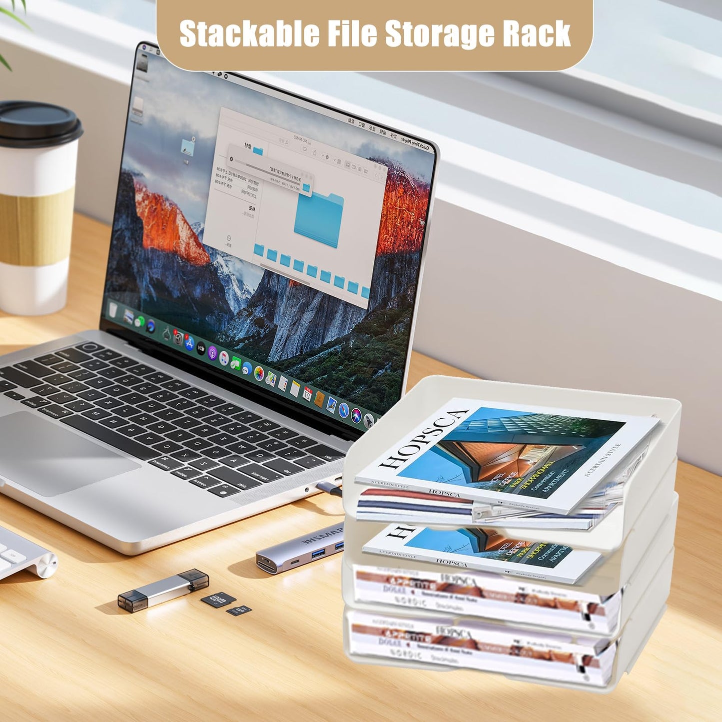 4 Tier Desk Organizer, Stackable Paper Tray Organizer for Document, Letter, A4 File Paper, Desk Accessories, Notes, Pens (White, 4 Pack)