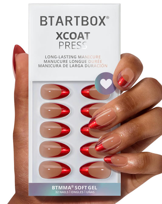 BTArtbox French Tip Press On Nails - Ruby Slipper, Lamp-Curable Red Cat Eye Short Almond Press On Nails with Glue and Adhesive Tabs for Women in 16 Sizes - 32 Soft Gel Glue On Nails Kit