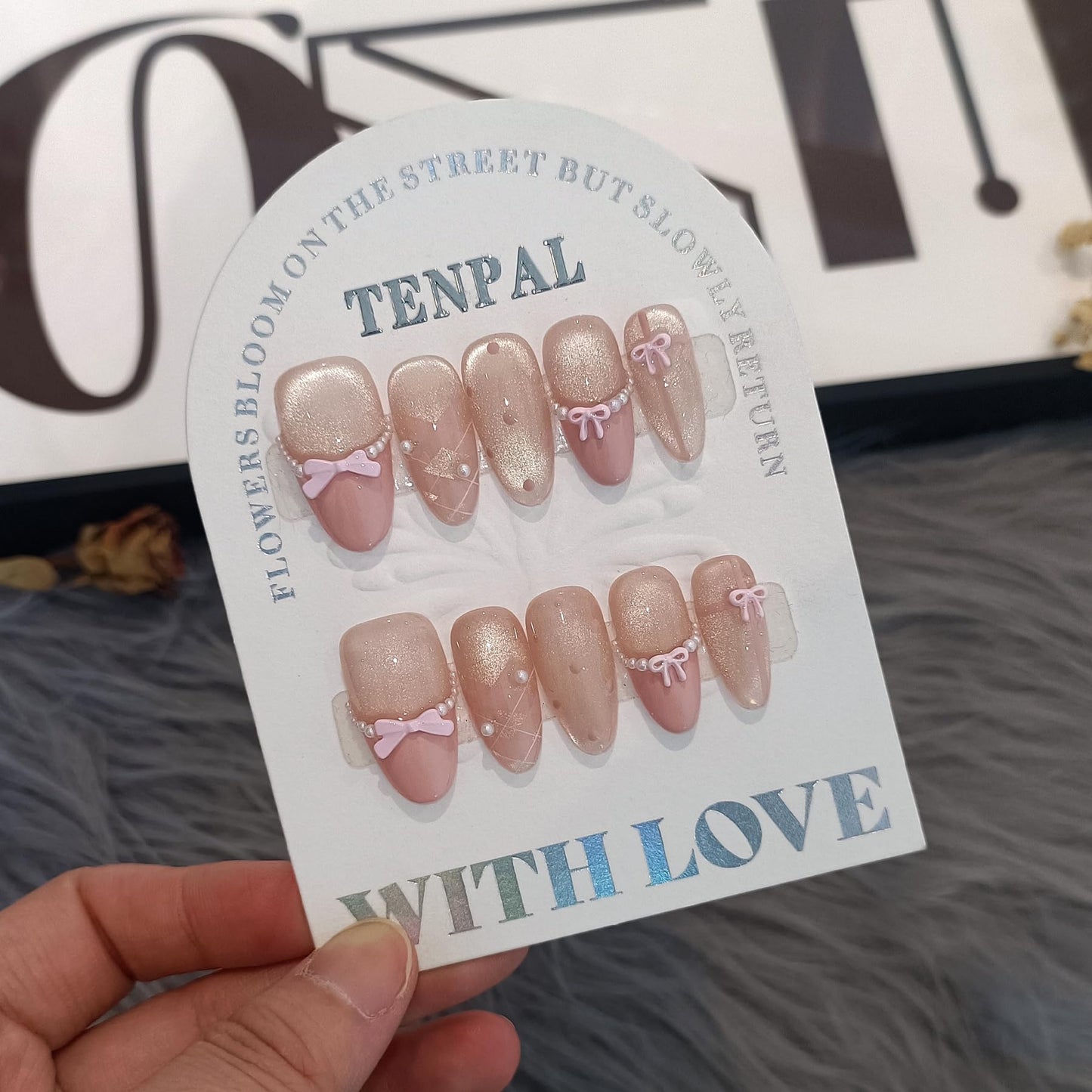 TENPAL Cute Sweet Handmade Press on Nails Almond,Ballet Butterfly Cat Eye Nude Pink Ombre French Tips Fake Nails with Tools, Reusable Spring Polka Dot Bow Pearl False Nails for Women 10pcs(M)