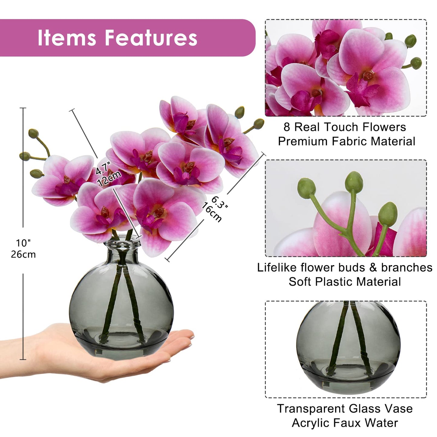 Oairse Pink Orchids Artificial Flowers Faux Orchid Arrangement with Black Glass Vase Set of 2 Real Touch Phalaenopsis Orchid Flowers Orchid Centerpiece for Dining Room Table