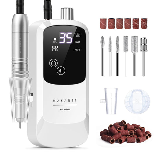 Makartt Rechargeable Electric Nail Drill: 35000 RPM Nail Drill File with Storage Stand for Acrylic Gel Polishing Removing LED Display,Cordless Efile with Bits Kit for Manicure Beginner Home (White)