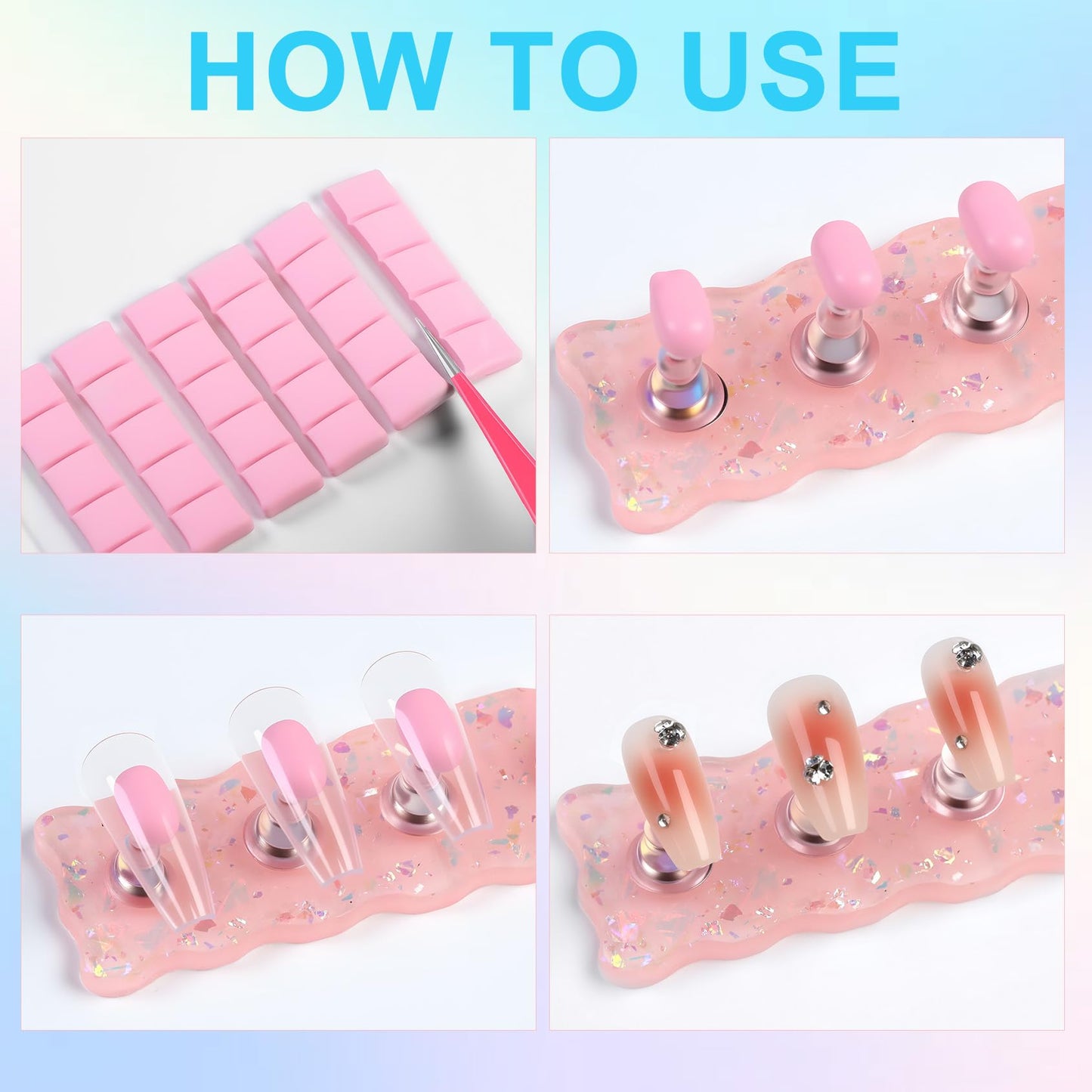 Pink Nail Stand for Press Ons - 2 Nail Holder for Painting Nails 10 Nail Stands 60 Sticky Tack 120 Adhesive Nail Tabs 1 Flower Nail Base - Press on Nail Stand Practice for Home Salon Supplies