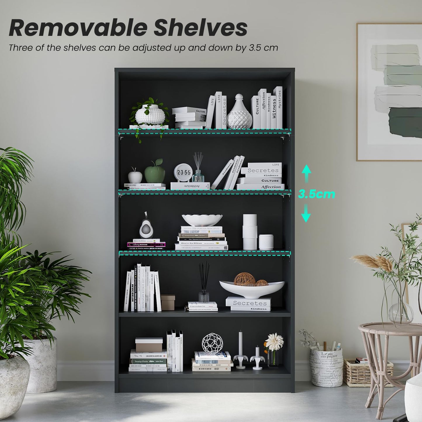 i-VTIES Bookcase Adjustable Storage Shelves,5-Tier Modern Wood Bookcase for Bedroom,60-Inch Bookshelf, Office, Living Room & Library(Black)