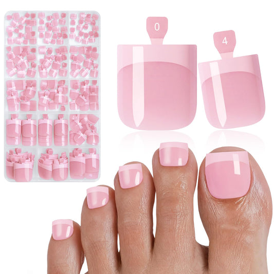 Bellelfin French Press On Toenails For Women with Nail Adhesive Tabs, 150 Pcs Pink French Tip Toe Nail Press Ons, Short Square Toenail Press On, 15 Sizes Full Cover Acrylic Fake Toe Nails