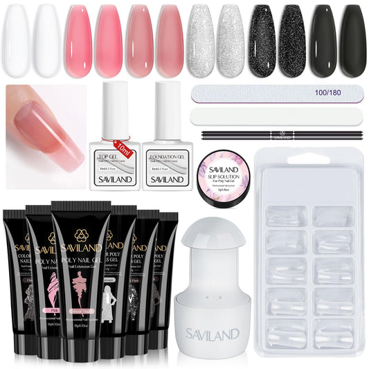 Poly Gel Nail Kit Starter Kit: Saviland 6 Colors Pink Nude Poly Nail Extension Gel Kit with U V Lamp Fast Dry Poly nail gel for Beginners with Everything DIY at Home Gifts for Women