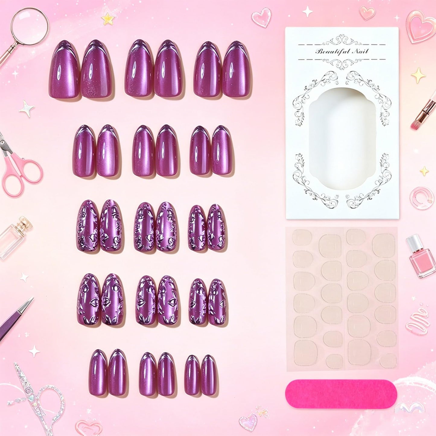 Rose Flower Press on Nails with 3D Design Floral False Nails Glossy Purple French Tips Medium Almond Fake Nail Leaf Stick on Nail Sparkly Glitter Glue on Artificial Fingernails for Women Daily Wear