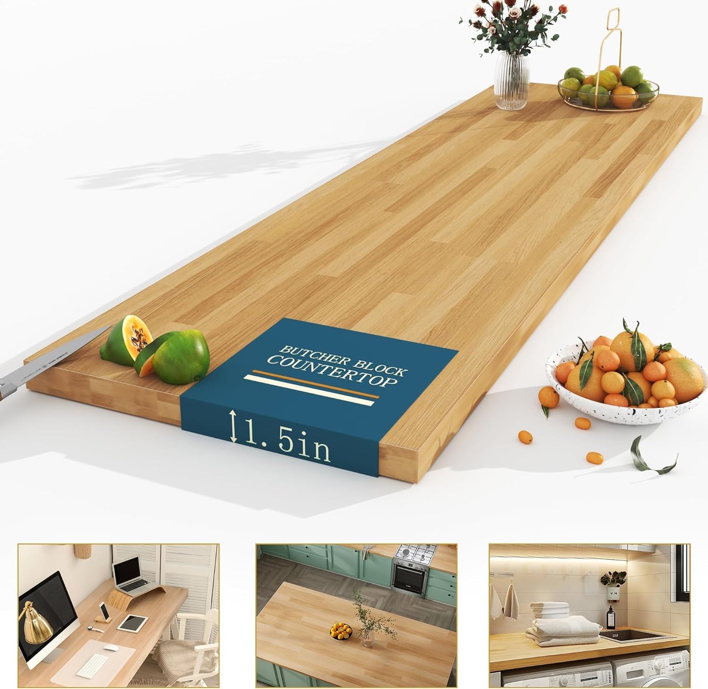 Koby Home 8ft 1.5" Butcher Block Countertop, Unfinished Solid Birch Wood DIY Size Long Wooden Board for Kitchen Island Table Top Washer Dryer Workbench, 98x25 inch 1.5 Thick