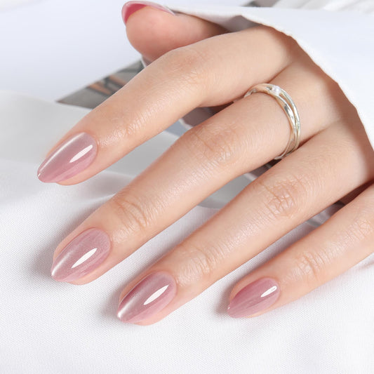 UNA GELLA Cat Eye Press On Nails: Almond Soft Gel Press Ons Short Kit with Nail Tips Glue on Nails, 16 Sizes - 32 Reusable Chrome Fake Nails Kit, Pink Rose