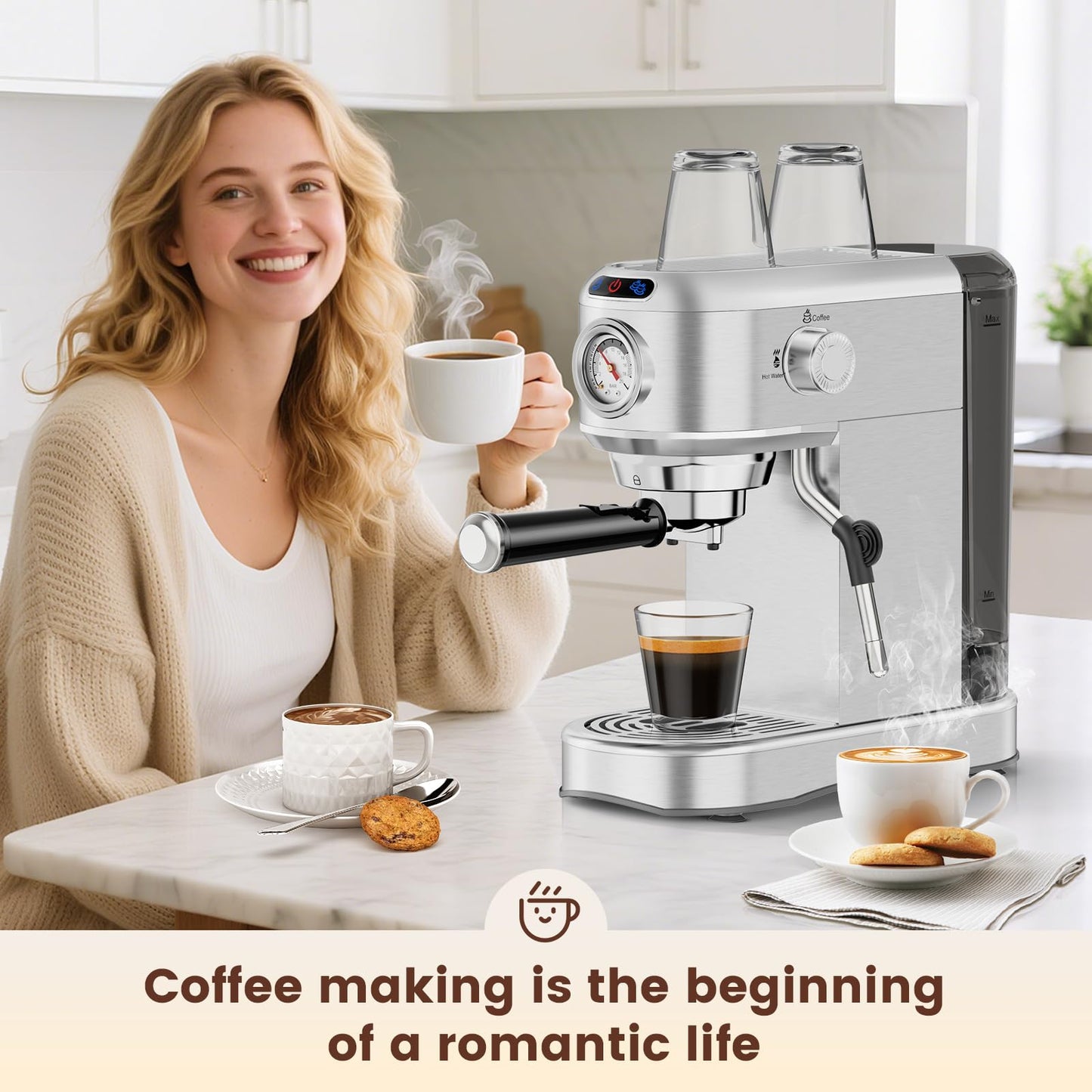 ANYCOLD Espresso Machine 20 Bar, Compact Espresso Maker, Stainless Steel Expresso Coffee Machines with Steam Milk Frother & 34oz Removable Water Tank for Cappuccino, Latte, Home Office Use, Silver