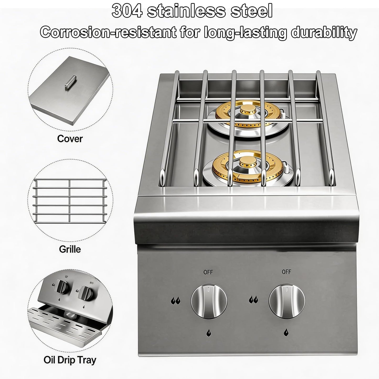 FammyLoft Liquid Propane Double Side Burners, 2x15,000BTU Built-in Double Grill Burners, Convertible to Natural Gas, 304 Stainless Steel Double Burners with Lid for BBQ Grill Island, Outdoor Kitchen