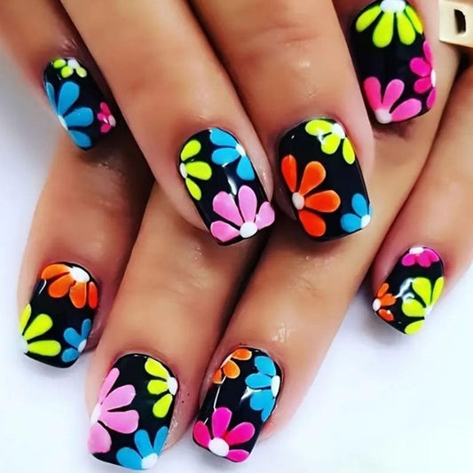 Spring Press on Nails Short Square False Nails Press ons Black Acrylic Glue on Nail with Colorful Flowers Design, Black Full Cover Set Artificial Cute Manicure Stickers for Women 24Pcs