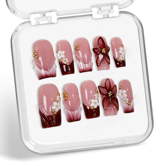 10 Pcs Handmade Press on Nails Gradient French Tip Acrylic Nails Medium Square Fake Nails with 3D Flower Design Full Cover Artificial Stick on False Nail for Women (M)