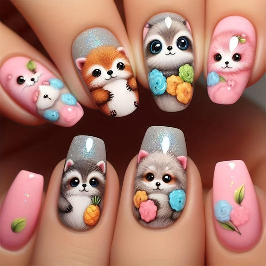 Coffin Press on Nails Medium Pink Fake Nails Raccoon Fox False Nails with Fruit Flower Design Cute Animal Artificial Acrylic Nails Full Cover Glossy Spring Summer Stick on Nails for Women Manicure Art
