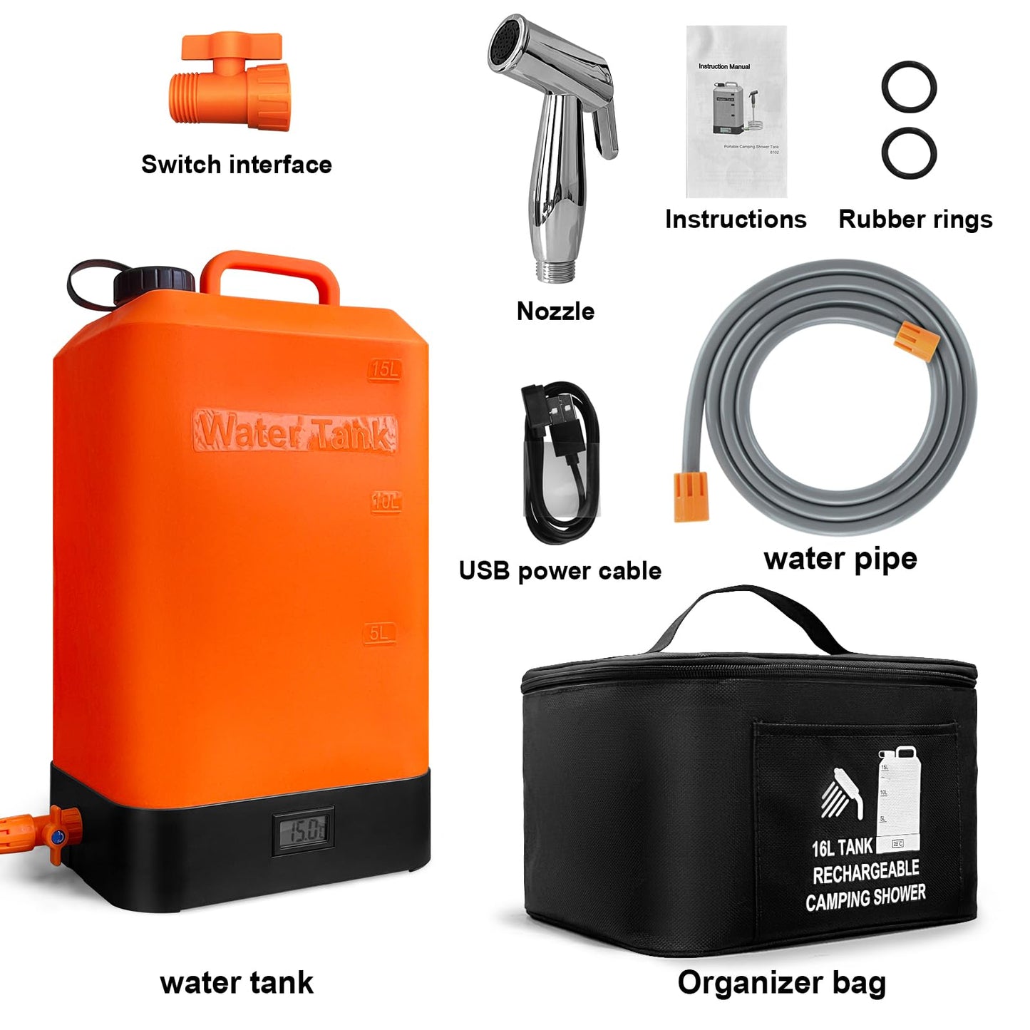B. TAWD 4.5 Gallon Silicone Water Tank, Portable Camping Shower, USB Battery Charging, Solar Heating, with Shower Head, Electric Portable Outdoor Shower, Built-in Thermometer, Beach, Camping, Hiking