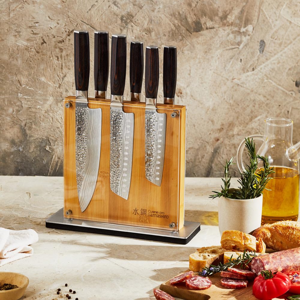 Cuisine::pro Damashiro Emperor Knife Block (Shi, 7 Piece Set) - Premium Japanese Steel Knife Set With Tempered Glass - Magnetic Knife Holder - Professional Knife Set in Damascus Design