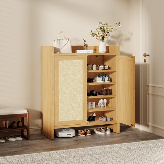MERXENG Rattan Shoe Cabinet for Entryway, Wooden Shoe Storage Cabinet with Adjustable Shelves, Freestanding Shoe Rack with Guardrail Top for Hallway & Living Room, Dark Oak