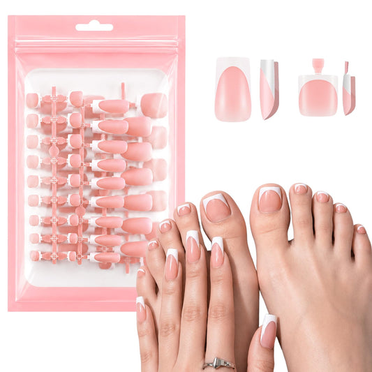 SIUSIO 60Pcs White French Tip Press on Nails Toenails Set, Medium Square Nude French Fake Nail Short False Acrylic Toe Nail Press ons Full Cover Salon Nail Art French Manicure Kit for Women