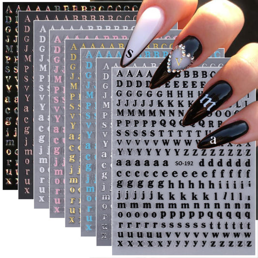 8 Sheets Letter Nail Stickers Gold Silver English Alphabet Nail Art Stickers 3D Self-Adhesive Alphabet Nail Design White Black Laser Personalized Letter for Women Girls DIY Nail Decoration