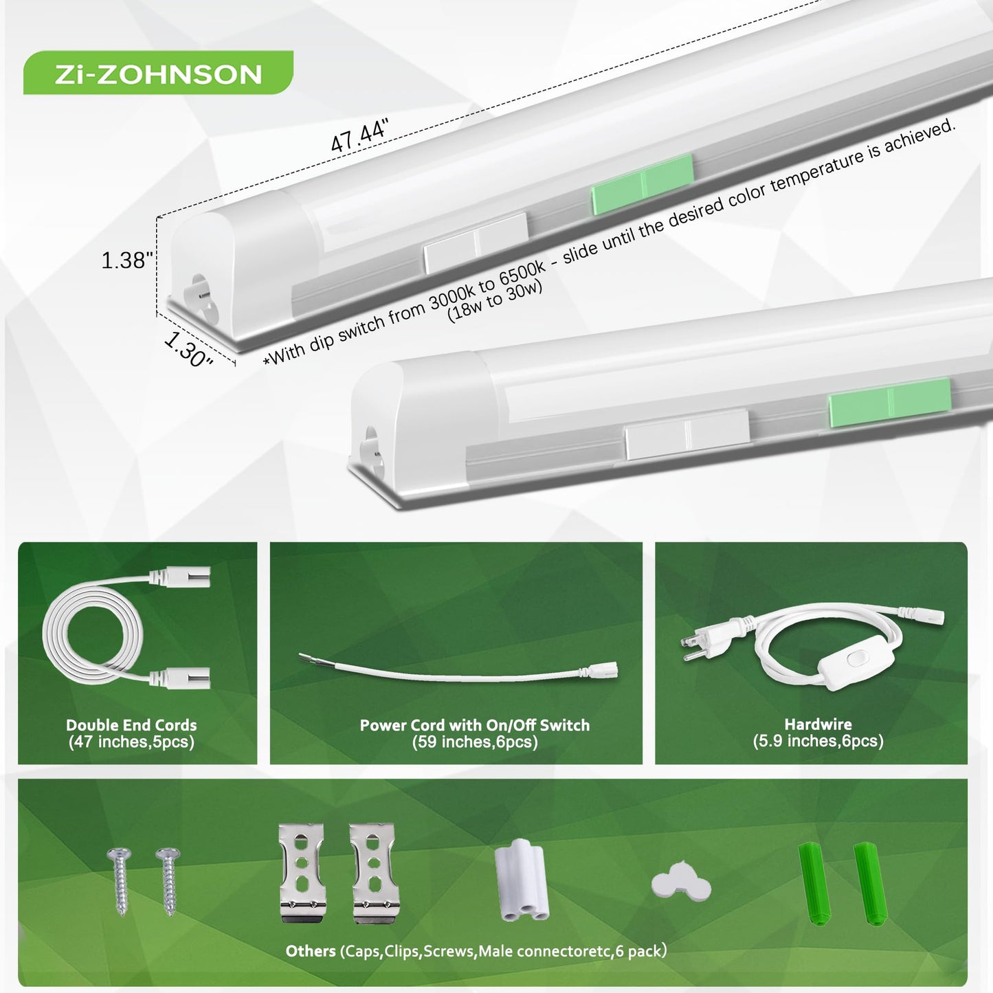 Zi-ZOHNSON 6 Pack Dimmable 4FT Led Shop Lights,30W T8 Integrated LED Light,3000-6500K Tunable with Switches 6CCT 6Watts,4500LM Frosted Cover,Linkable, Plug-in Shop Lights for Workshop,Garage,Basement
