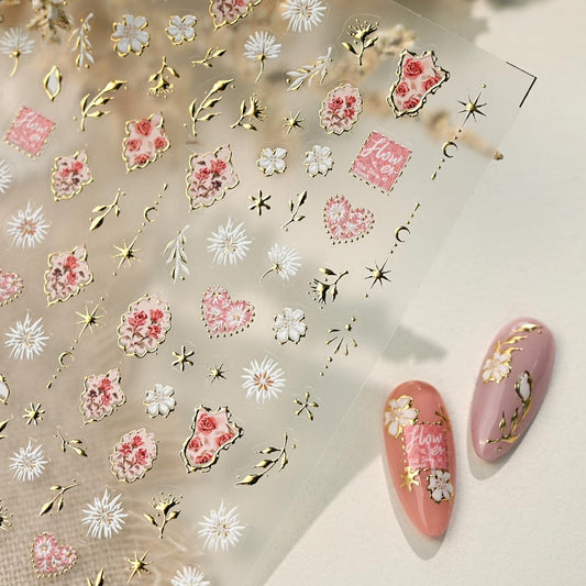 Gold Nail Art Stickers 5D Embossed Golden Frame Nail Stickers Heart Flower Leaf Star Moon Nail Decals Luxury Self-Adhesive Nail Art Supplies for Women Girls DIY Manicure 1 Sheet