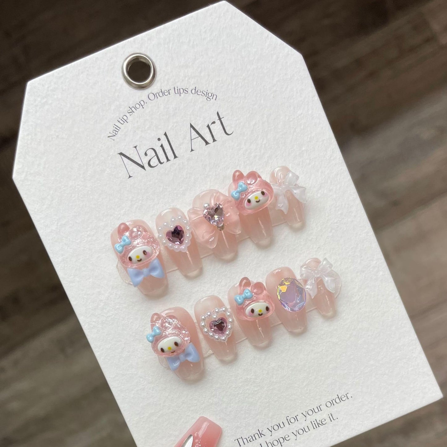 NLSJMP Thick Acrylic Press on Nails, Handmade Gel Press On Nails Long Square, bling pearl Cute bow rhinestone Kawaii Fake Nails Kit,Reusable 10 Nails Size M,#949, 949(Medium)