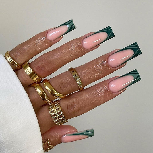 MISUD Press on Nails - Long Coffin Glue on Nails, Acrylic Dark Green French Tip Design 24 pcs