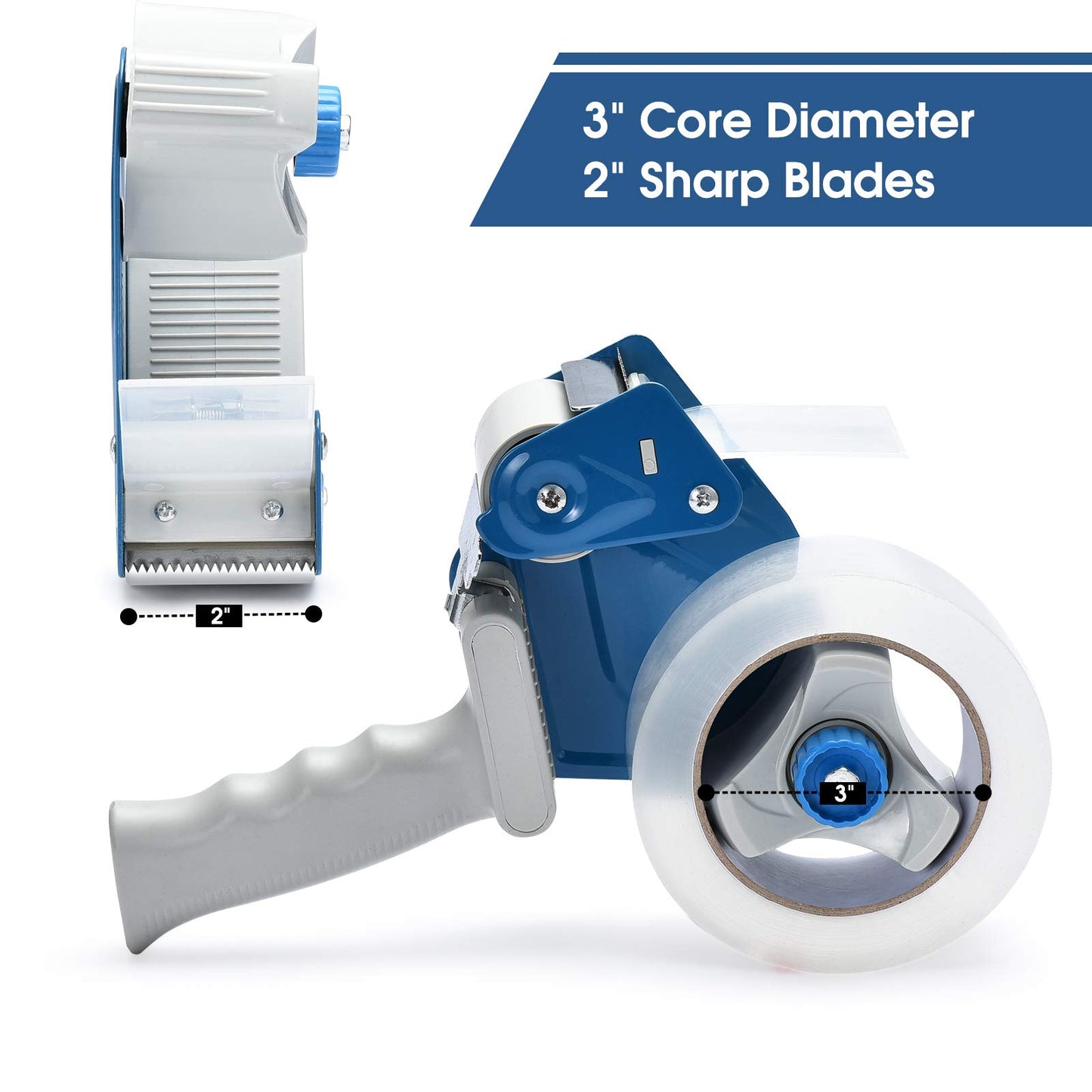 Pacific Mailer 2 Inch Tape Gun Dispenser with 2 Inch Carton Packing Tape, Lightweight Industrial Side Loading Tape Dispenser - Blue