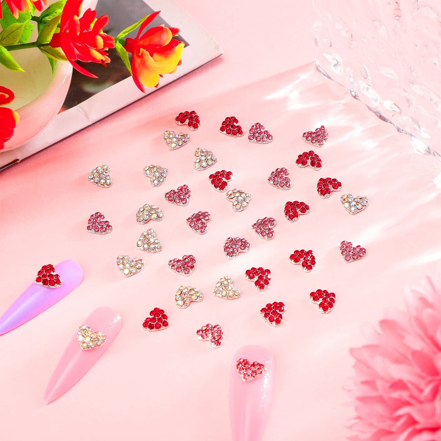 Leelosp 36 Pcs Valentine Heart Nail Charms for Nail Art, 3D Red Heart Rhinestone Decals Silver Crystal Charms Diamond Alloy Gems for Women Valentine's Decorations