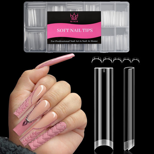 Qiek 480pcs Extra Long Square Half Cover Nail Tips, No-File Pre-Buffed Extension Nail Tip, 12 Sizes Clear Acrylic Press On Tips, Thin Back No C Curve for DIY Nail Extensions & Home Salon Beginners