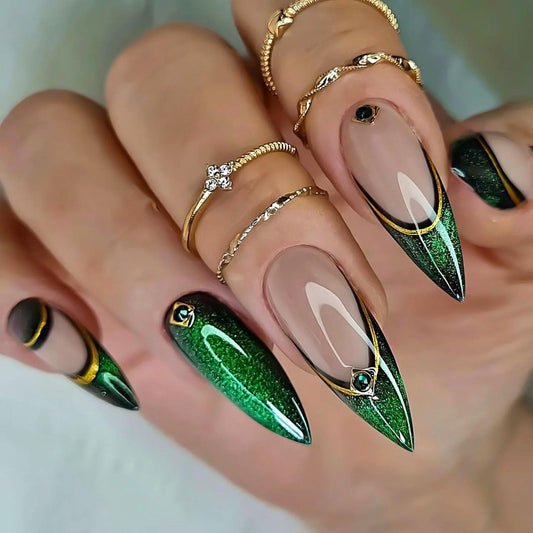 RUOKEXIN Long Stiletto Press on Nails French Tip Fake Nails Green Cat Eye False Nails with Rhinestones Designs Almond Nail Press ons Sparkly Artificial Nails for Women 24Pcs