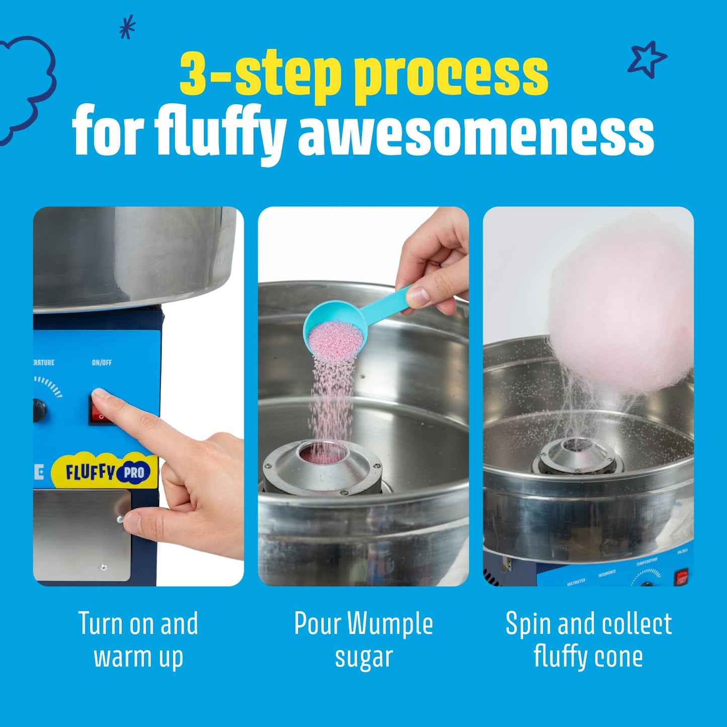 Wumple - Cotton Candy Machine Pro Bundle, Large Stainless Steel Bowl & Drawer, Includes 3 Flavored Sugars and 70 Cones for Parties and Business (Blue)