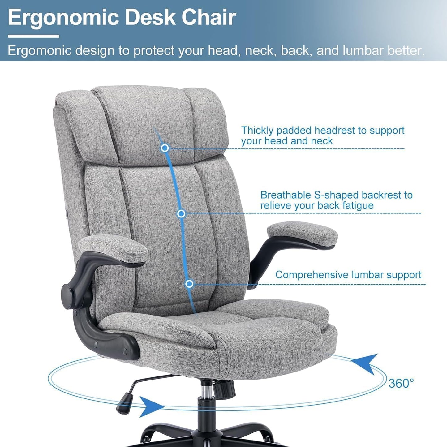 BRTHORY Office Chair High Back Ergonomic Executive Computer Desk Chair Comfortable Fabric Padded Home Office Desk Chairs with Flip-up Arm Rest Adjustable Height Swivel Wheels (Grey)