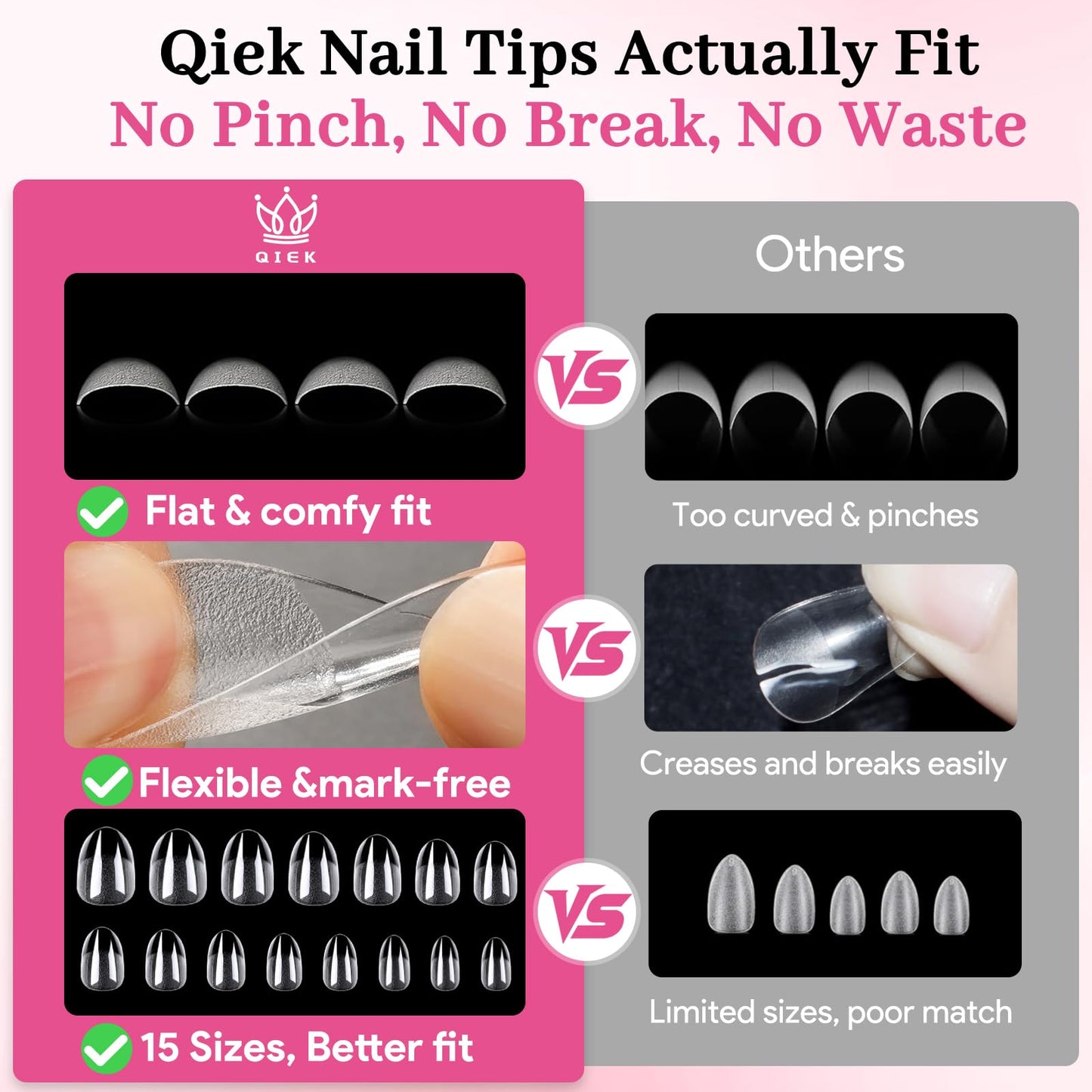 Qiek Short Oval Fake Nail Tips - 15 Sizes 240 PCS Clear Half Matte Press On False Nail Tips Pre-shaped Soft Full Cover Gel Nail Tips Extensions Thick Long Lasting for DIY Beginners & Salon Manicure