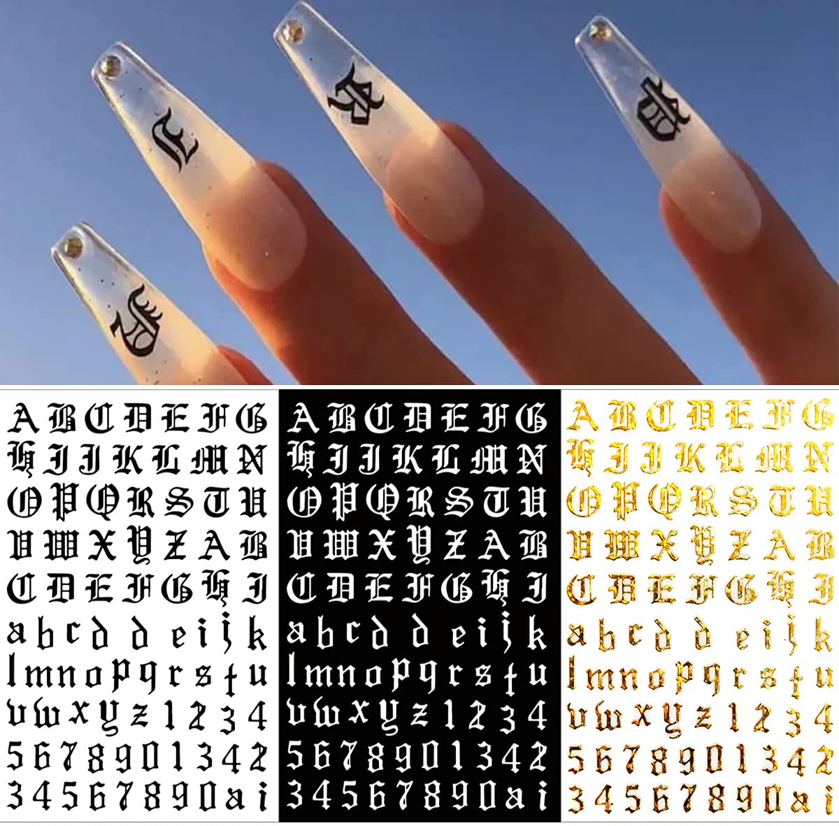 Letter Nail Art Stickers Number Nail Decals Nail Art Supplies Old English Alphabet Nail Sticker Designs Holographic English Font Letters Stickers for Acrylic Nails Decorations (8 Sheets)
