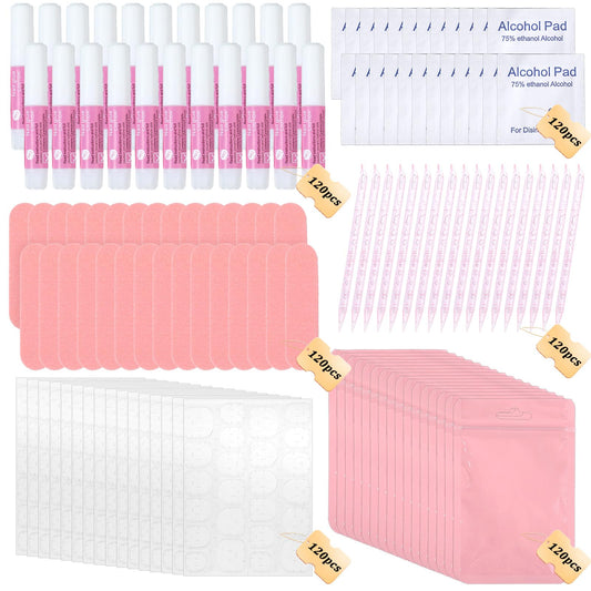 120 Sets Press On Nail Tool Kit for Business - Prep Application Disposable Kit with File, Glue, Prep Pads, Adhesive Tabs, Wood Stick, Holographic Bag