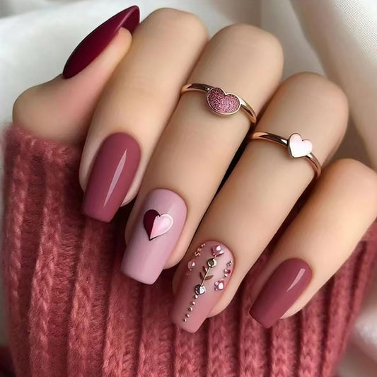 24Pcs Love Heart Press on Nails - Medium Square False Nails, Solid Color, Rhinestones Design, Coffin Acrylic Nails, Full Cover Press Ones, Artificial Nails for Women