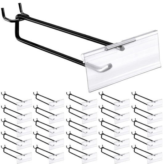 Tandefio 50 Pack 4 Inch Black Metal Peg Board Hooks with Clear Plastic Label Holder Stainless Steel Display Pegboard Hooks for 1/8'' to 1/4'' Pegboard Wall for Garage Storage Retail Shop Supplies