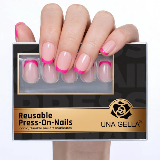 UNA GELLA 32Pcs Soft Gel Press on Nails - 16 Sizes Hot Pink French Tip Short Square Glue on Nails, Reusable Nude Pink False Nails, Full Cover Acrylic Nail Kit for Women DIY Home Manicure