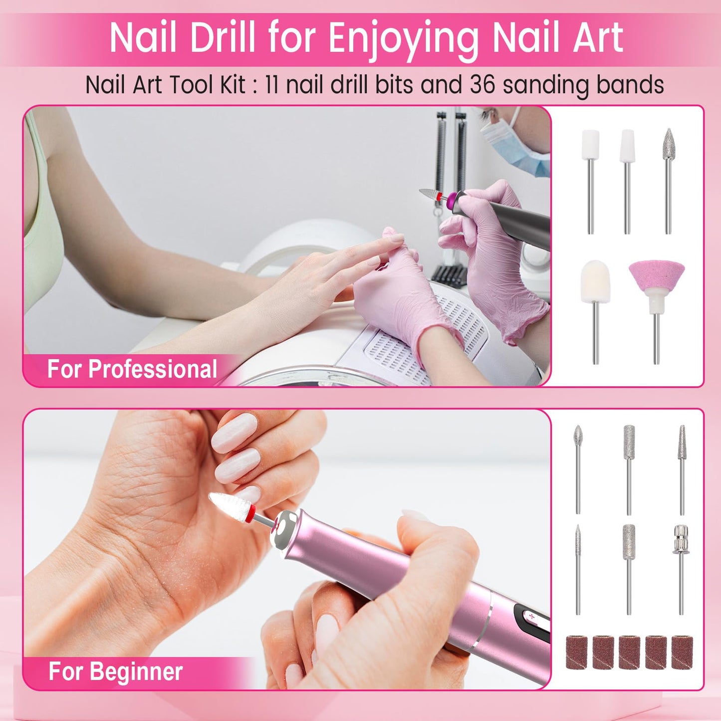 SnnyNyx Electric Nail Drill Professional, 35000RPM Cordless Acrylic Nail Kit for Nail Polish Remover, Nail Filer Electric Manicure and Pedicure kit (Rose Pink)