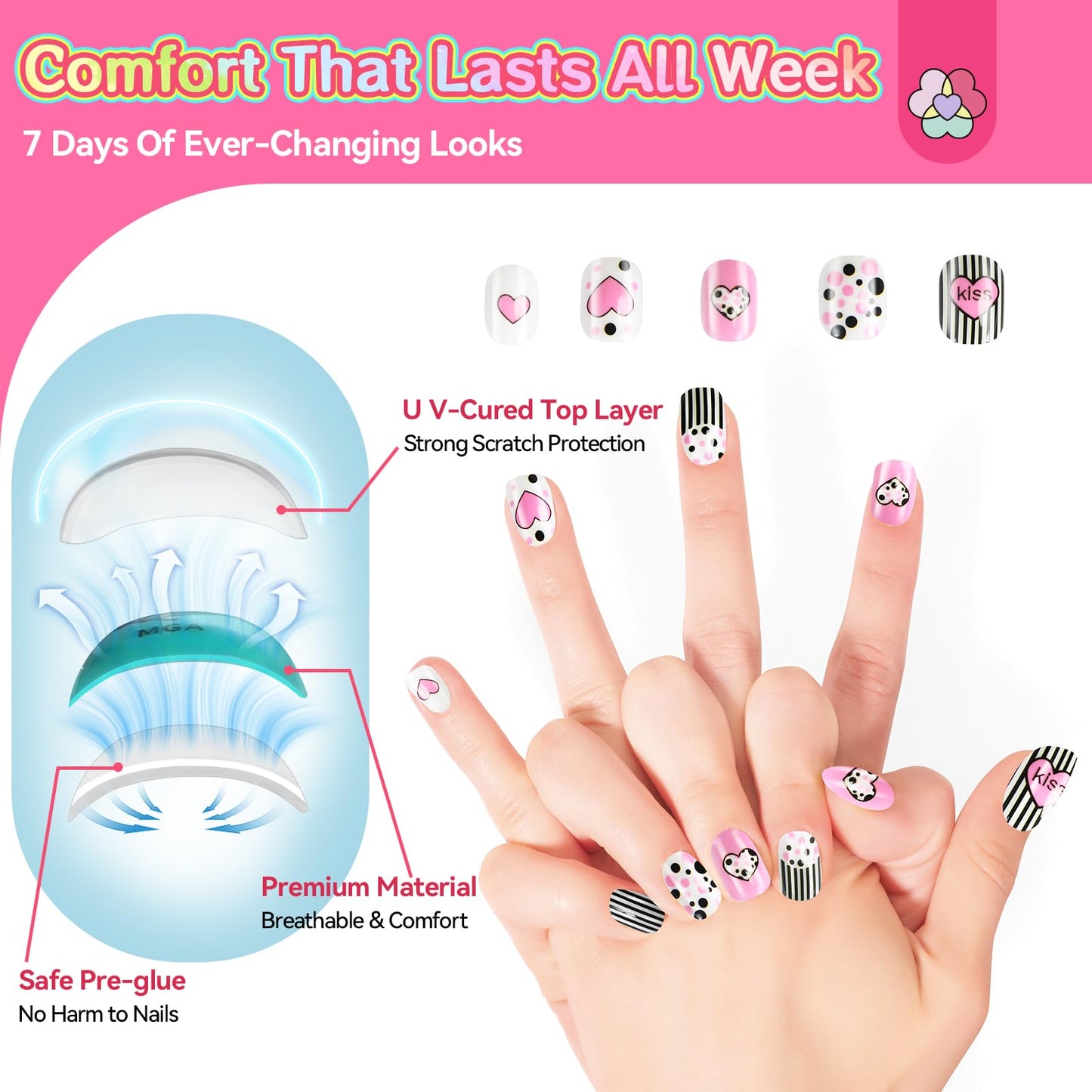 SAVILAND 7 Days Press on Nails for Kids: 168Pcs Children False Artificial Fake Nail Tips Sweet Edgy Pre-glue Full Cover Short Acrylic Nails with Nail Adhesive Tabs Gifts for Girls 8-12 Year (GlamKids)