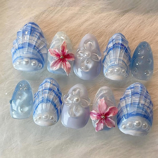 30Pcs Blue Beach Press on Nails Medium Almond Fake Nails 3D Summer Flower with Pearl Press Ons Design Ocean Mermaid False Nails Cute Stick on Nails Reusable Artificial Handmade Nail for Women Acrylic