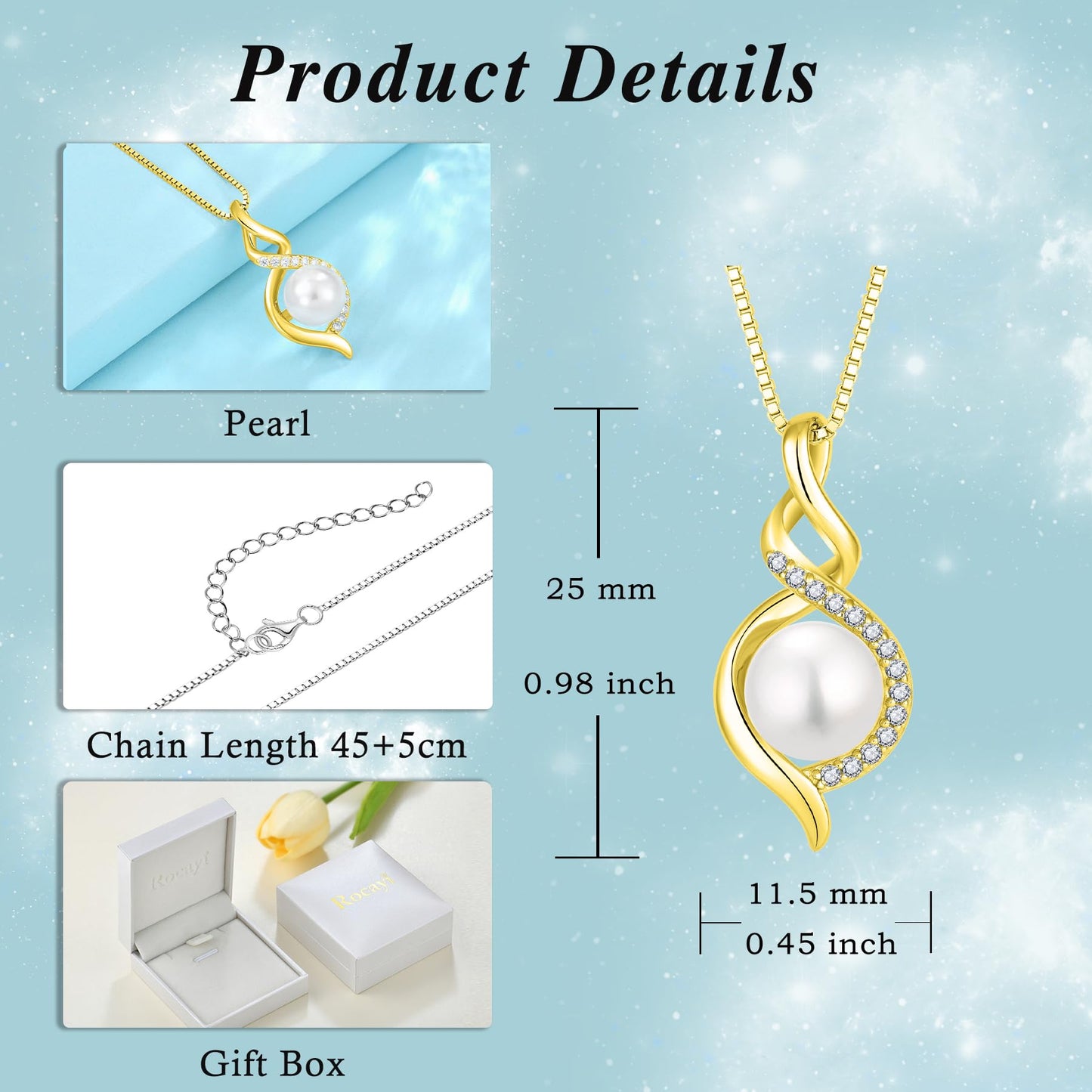Rocayi Pearl 18K Yellow Gold Plated Infinity Earrings and Necklace Jewelry Set for Women