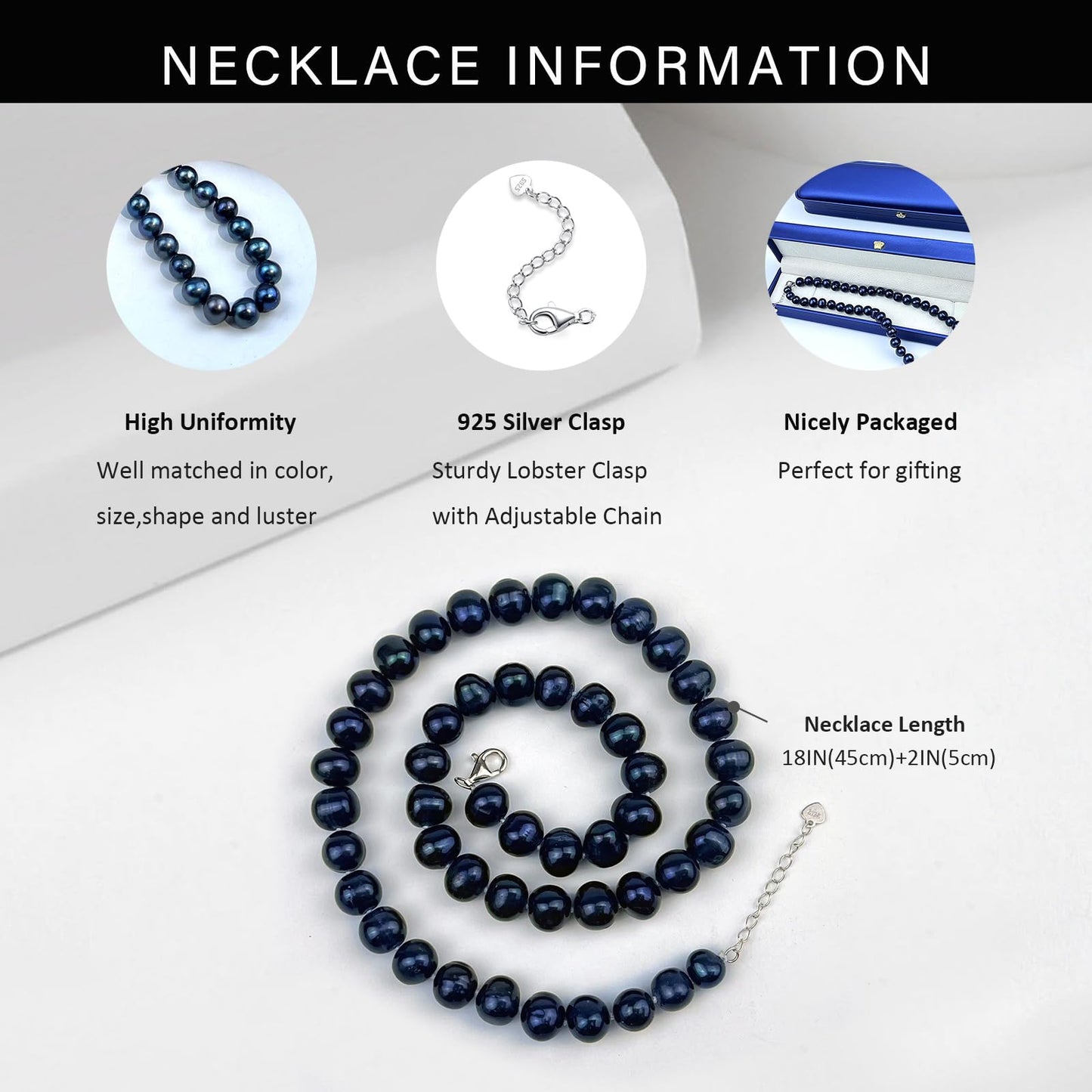 YAMI Tahitian Black Pearl Necklace and Earrings Set, Saltwater Cultured Pearl 8.5-9mm Strand Necklace with Round Studs 7.5-8mm, 925 Sterling Silver Clasp Jewelry Set for Women