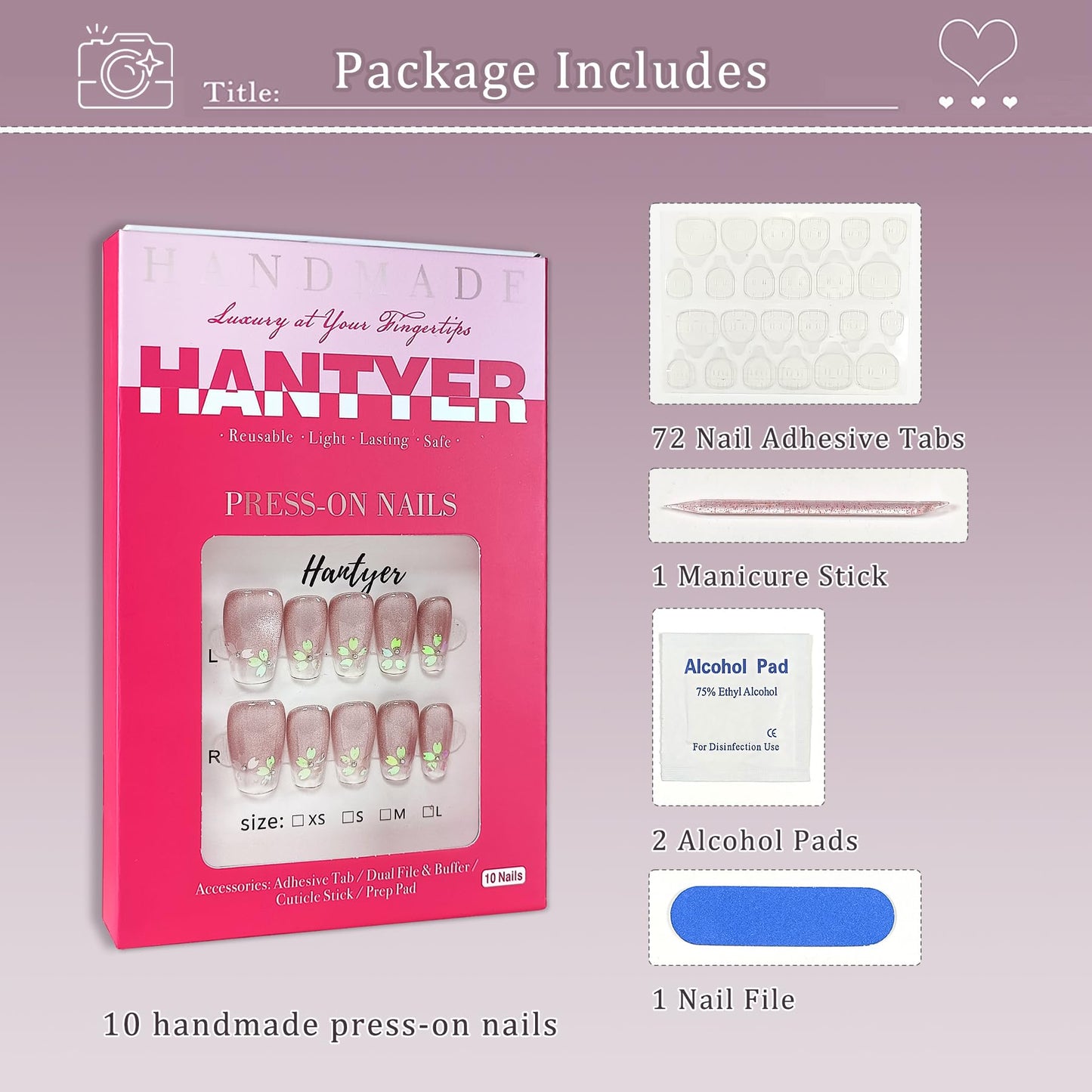 Hantyer Handmade Press on False Nails - Medium Coffin Nails, Pink Ombre French Tips with Cat Eye & Aurora Sakura Design, 10pcs Glossy Finished Reusable Gel Nails with Pearls Gift for Women (Size L)