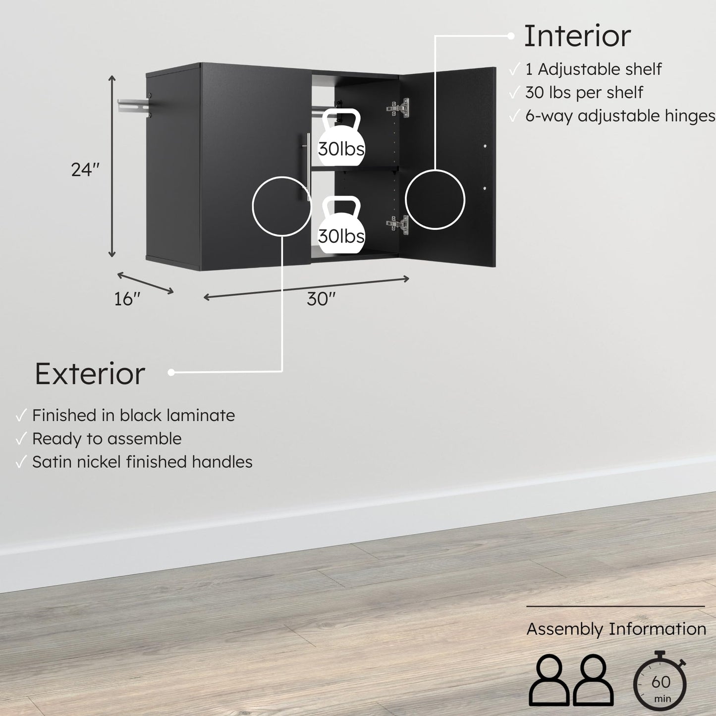 Prepac HangUps 30" Upper Garage Cabinet, Bathroom Cabinet Wall Mount, Ideal for Garage, Kitchen and Laundry Organization 30" W x 24" H x 16" D, Black