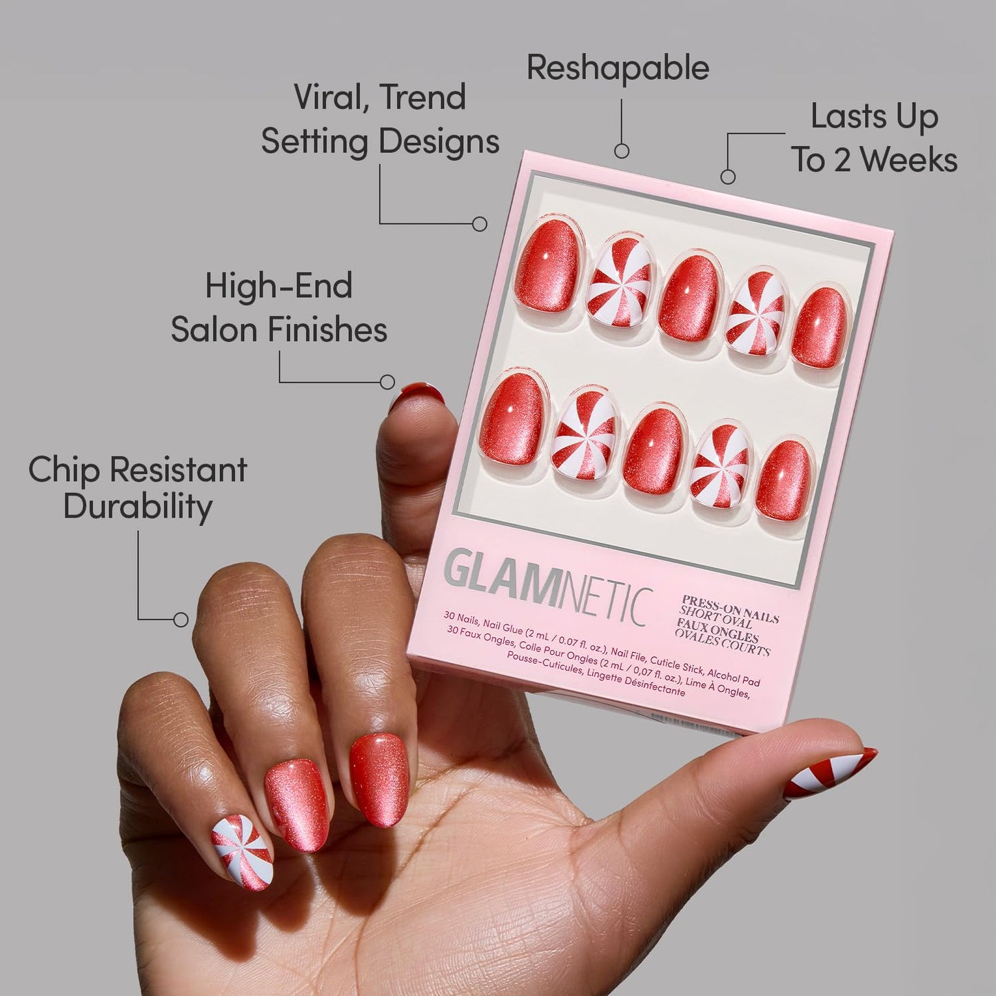 Glamnetic Press-On Nails Bundle - Candy Crush, Snow Bunny & Pink Comet | Short Oval Fake Nails with Candy Cane Swirl Design and Velvet Finish | Pale Blue Short Almond Fake Nails with French Tips & 3D