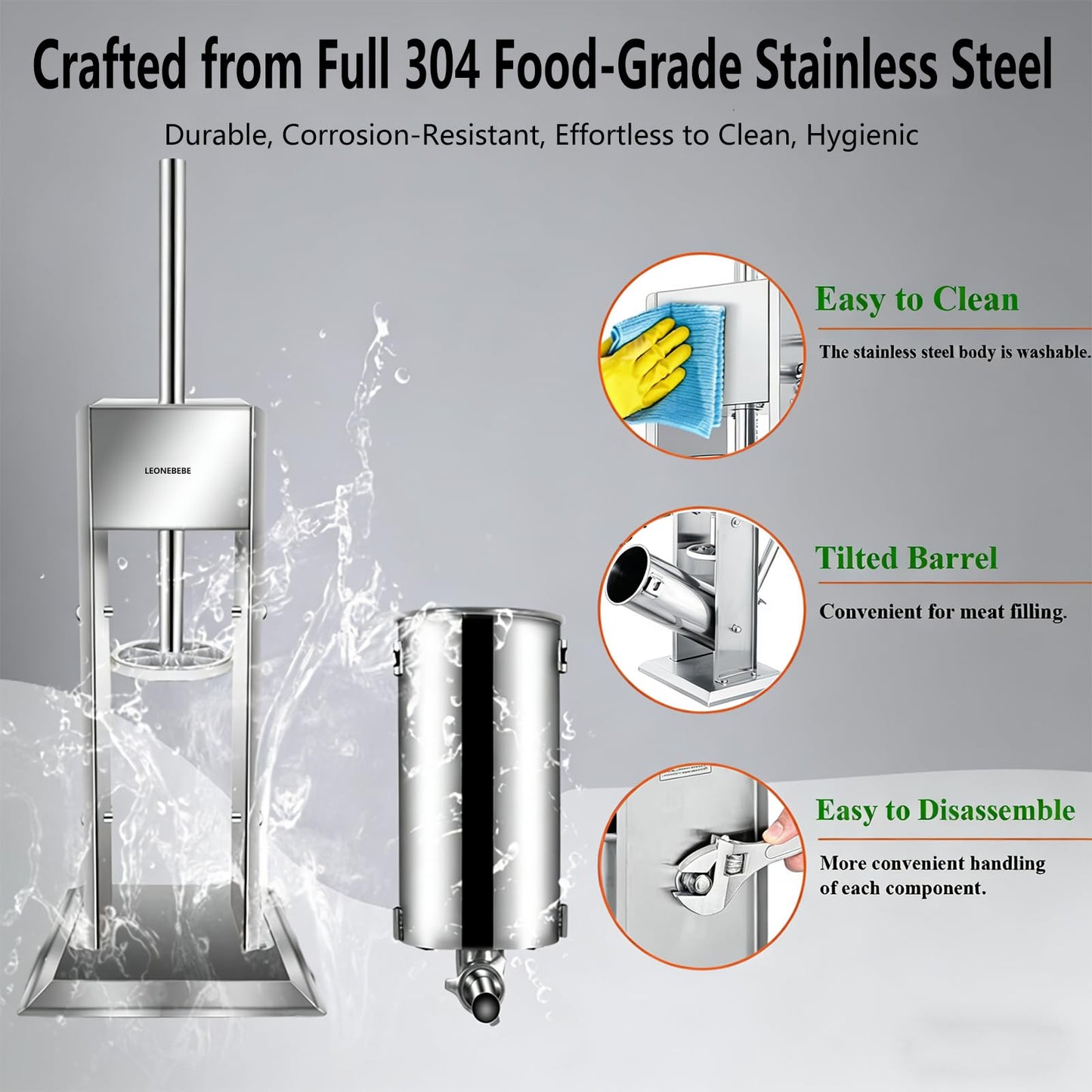 LEONEBEBE Manual Sausage Stuffer Filler, Commercial Vertical Sausage Maker Machine, 7Lbs/3L Capacity, 2 Speeds, Adjustable, 4 Stainless Steel Filling Tubes, Silver