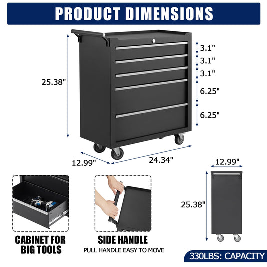 GarveeHome 5-Drawer Tool Chest, Rolling Tool Box with Wheels and Lock System, Portable Storage Rolling Tool Chest for Warehouse, Workshop & Repair Shop, Black